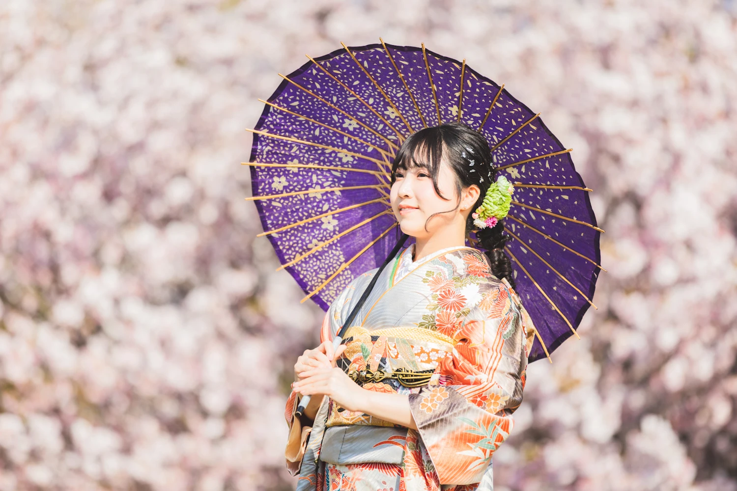 ご成人の記念撮影をする和傘をさした着物姿の女性